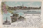 Lithografie, Gruss aus Oberndorf a.d. Oste, Kriegerdenkmal von 1870/71, Bahnhofstrasse,gel. 1899