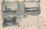 Gruß aus Warstade, Kirche mit Pfarre, Portl. Cementfabrik, Kaiserhof von A.Stock Wwe.gel. 1895