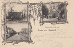Gruss aus Basbeck, Dampf, Wind und Wassermühle von R. Heinbeckel, Gastwirtschaft von R. Beyer, Bahnhof Basbeck-Osten, gel. 1900