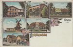 Lithografie, Gruss aus Hechthausen, W. Poppes Geschäftshaus, Schmoldt Hotel, Hutloh, Mühle, Ovelgönne, Bahnhof